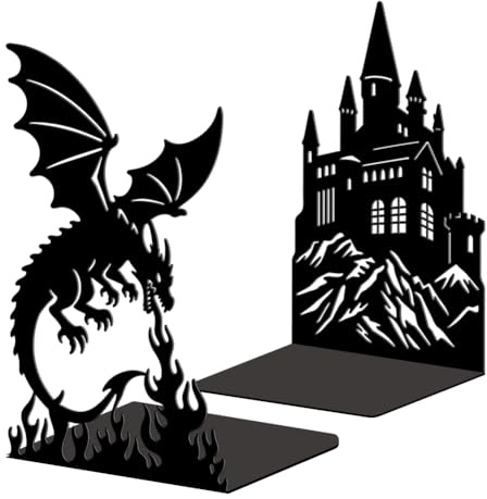 Peacoblue Buchstützen Metall,Drache & Schloss Buchstütze Dekorativ | 1 Paar 5.3x4.3x7.9 schwere Gusseisen Buchhalter, Stabile Buchstopper für Bücherregal, Schreibtisch, Büro und Wohnraum