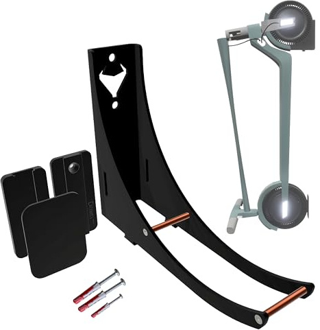 Soporte de Pared para Patinete Eléctrico – Rack de Acero Negro Mate – Sistema Anticaídas y Soporte para Cargador (8,5 pulgadas)