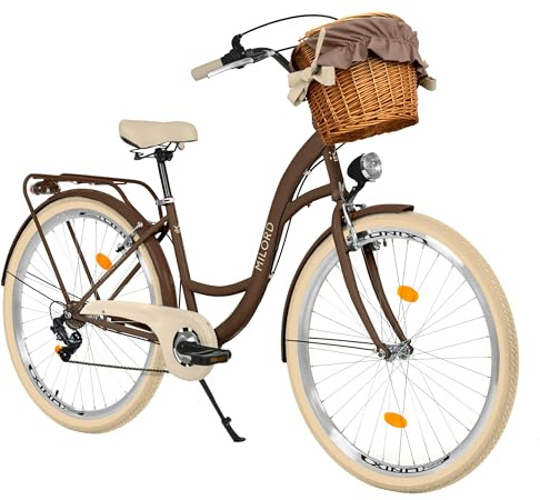 MILORD Damenfahrrad Citybike Komfort Mit Weidenkorb Hollandrad Vintage Fahrrad, 26, 28 Zoll, 7-Gang