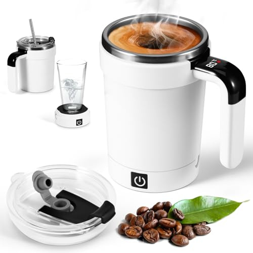 Bryzal Self Stirring Mug with Lid, 380Ml Self-Stirring Magnetic Coffee Cup with LCD Temperature Display, Rechargeable Automatic Mixing Cup for Coffee Protein Shakes Matcha (White)