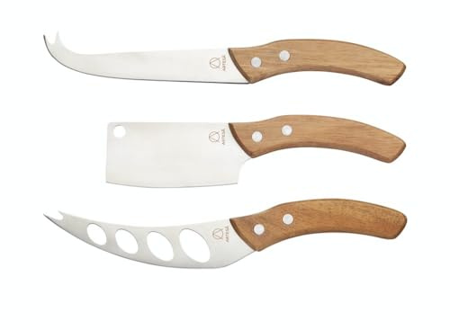 Artesà Cheese Knife Set with Acacia Wood Handles in Gift Box, Stainless Steel, 3 Pieces, Brown/Silver, 19 cm