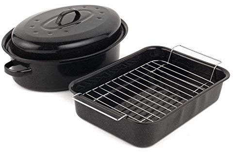 Russell Hobbs COMBO-1922 Vitreous Enamel 34cm Roaster and 36 cm Roasting Pot with Lid -Durable Steel Ovenware, Rectangular Roasting Pan with Stainless Steel Rack, Dishwasher Safe, Black