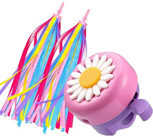 obqo 1 Pack Kids Bike Bell and 2 Pack Kids Bike Streamers for Children's Bike Accessories (Pink, Red, Purple & Blue) (Pink & Purple)