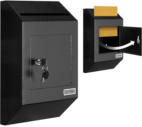 Durabox Drop Box Deposit Safe 10 x 4 x 16” Heavy Duty Steel with Slim Profile Wall Mailbox with Wide Deposit Slot for Letters, Documents Checks and Cash for Home, Office & Commercial (W300) (Black)