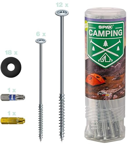 SPAX Zeltschrauben Camping-Set - 18x Schraubheringe mit Tellerkopf & Bits | Tellerkopfschrauben in zwei Größen, Bits T30/T40, 18 Unterlegscheiben zur Befestigung von Zelt, Markise und Vorzelt