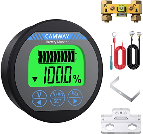 CAMWAY Batteriemonitor Tester Voltmeter, Batterietester Amperemeter 8-120V 0-500A 999Ah wasserdicht, mit Hintergrundbeleuchtung und Datenspeicher, Batterie Monitor für Auto Motor Boat Wohnmobil Solar