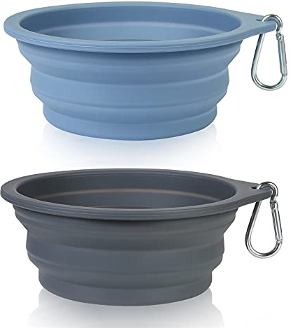 SLSON 2-pack hund hopfällbar skål stor bärbar hundskål husdjursmatskål hundmat vattenskål husdjur reseskål med karbinhake för husdjur inomhus- och utomhusaktiviteter (grå + Taro lila)