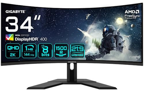 Gigabyte G34WQC A 34 WQHD Curved Gaming Monitor - 3440 x 1440, 1500R, 144Hz, 1ms, 350 cd/m², FreeSync Premium, Display HDR400, HDMI 2.0, DisplayPort 1.4