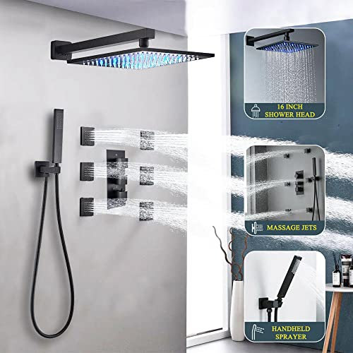Huin Kit combiné de robinet de douche à effet pluie à LED noir mat Jets de massage pour le corps Système de douche Blender-16 pouces