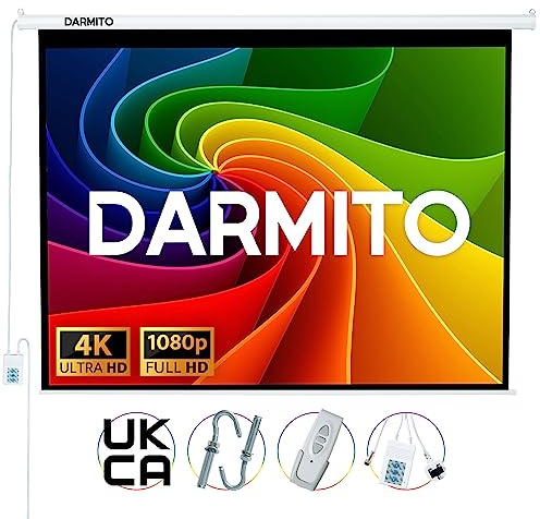 Darmito 100 Inch Electric Motorised Projector Screen, 4:3 Matte White 1.2 Gain, Wall & Ceiling Mountable, Remote Control, Full HD 4K 3D Compatible – Home Cinema, Office, Classroom