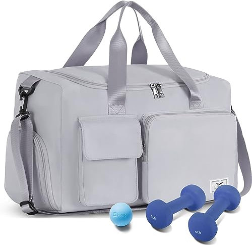 FIORETTO 35L Damen Sporttasche Faltbare Reisetasche mit Schuhfach und Nassfach, Wasserabweisende Weekender Gym Travel Bag Handgepäck Tasche Trainingstasche für Damen Herren Grau