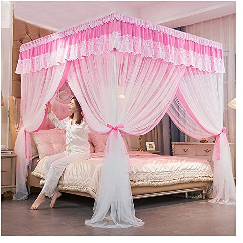ZMYJTO Betthimmel mit 4 Himmelbetten Mädchen Baldachin für Schlafzimmer Prinzessin Bettvorhänge Baldachin Doppelstickerei Spitze Moskitonetz Blackout King Size Betthimmel mit Metallhalterung (Größe