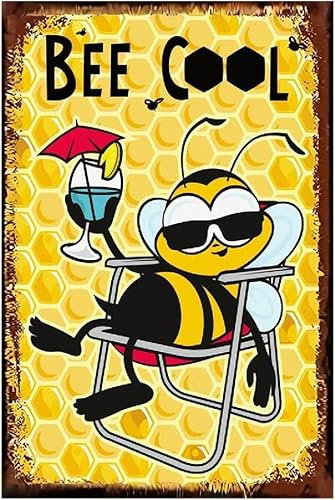 Geroclonup Lustiges Bienen-Metallschild, rustikales Metallschild, Bee Cool, Hofschild, Garage, Bauernhof, Außenbereich, Garten, Wanddekoration, Schild, für den Außenbereich, für Zuhause, Zaun, 30 x 40