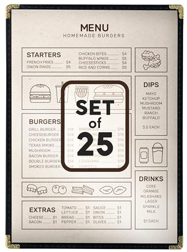 25 Restaurant Menu Covers 8.5'' x 11'', Double Stitched Single Pocket Menu Holder with Golden Corners, Clear Viewing Surfaces
