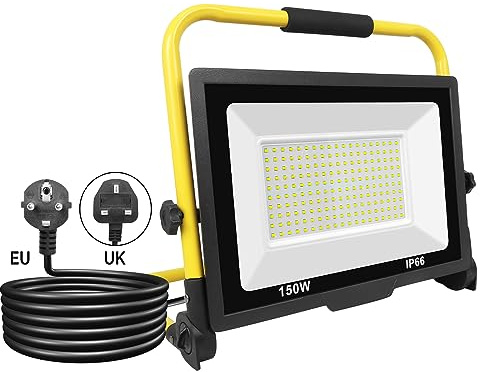SKYWORLD Tragbar LED Baustrahler 150W 15000LM LED Arbeitsleuchter mit Stecker, Wasserdicht Arbeitsscheinwerfer für Werkstatt oder Baustelle Garage | Wasserdicht Tragbar Baustrahler, 6000K Bauscheinwerfer Arbeitsbeleuchtung mit 3m Netzkabel für Werkstatt Baustelle Garage
