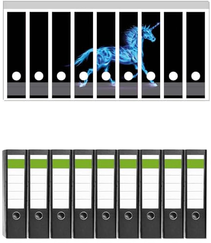 Wallario 9 Stück breite Ordner inkl. Klebeetiketten mit Motiv Design Einhorn - aus blauen Flammen - Set mit Rückenschildern/Ordnerrücken Stickern