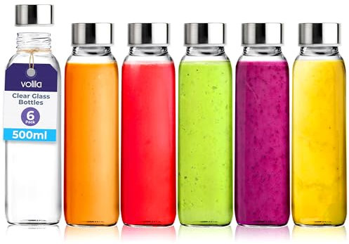 volila Bottiglie Vetro per Acqua con Coperchi - Confezione da 6 Bottiglie Vetro 500ml, Bottiglie per Acqua, Succo e Latte - Water Bottle da 18oz con Tappi in Metallo Ermetici, Spazzola e Etichette