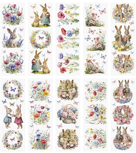 Ideen mit Herz Premium-Transfers | Rub on Sticker | Rubbel-Sticker | 10 cm x 30 cm | 10 Bogen | inkl. Tuch (Blumenwiesen & Hasen)