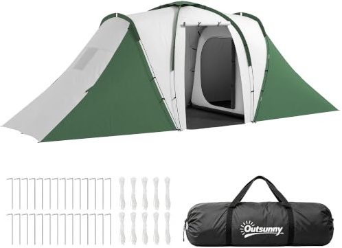 Outsunny Tienda de Campaña Familiar Tipo Túnel para de 4-6 Personas 555x225x190 cm Impermeable 3000 mm Tienda de Camping Plegable con 2 Dormitorios Bolsa para Senderismo Gris y Verde