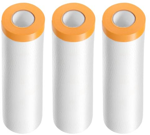 sourcing map 3 Rolls Pre-Taped Masking Film 118.1 x65.6ft Tape and Drape Painters Plastic Drop Cloth Film with Tape Plastic Sheeting for Automotive Painting Covering