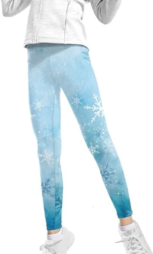 Wanyint Christmas Snowflakes Blue Girls' Yoga Legging Breathable Athletic Sport Legging High Waist Pants for School Gym, for 6-7 Years Kids Girls