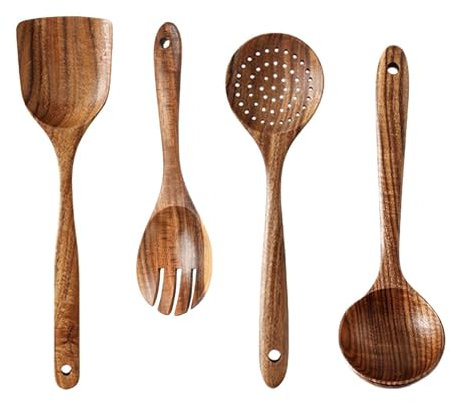 Juego de 4 cucharas de madera, juego de 4 utensilios de madera natural seguros, cucharas de madera, cuchara de sopa grande, espátula de cocina para mezclar, espátula de madera para agitar, cocina de