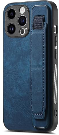 Omio Designed for iPhone 15 Pro Max Leather Case with Stand & Strap, Wrist Strap Leather Back Cover Case Hard PC Shockproof Finger Grip Case for iPhone 15 Pro Max Men Women Girls, Blue