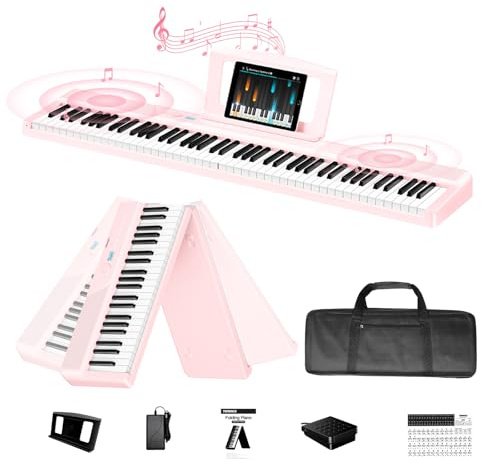 TERENCE V50 Faltbares E-Piano 88 Tasten, progressiv gewichtet Rosa | 30W Lautsprecher, Touchpanel, Videoaufnahme, Kopfhörer. Gewichtete Tasten für echtes Klaviergefühl