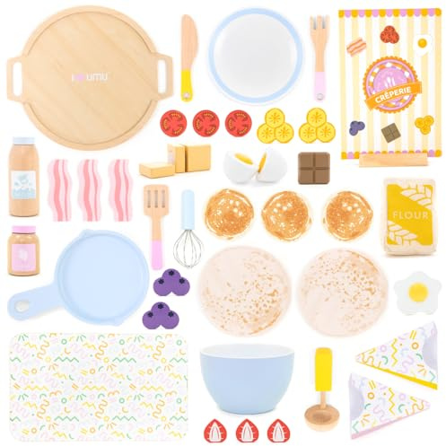 UMU® Pfannkuchen Spielset aus Holz – mit Pfanne, Wender, Sirup und mehr, Pancake-Set Spielzeug für Kinder, 44-TLG. Küchenzubehör für kleine Köche ab 3, 4, 5 Jahre