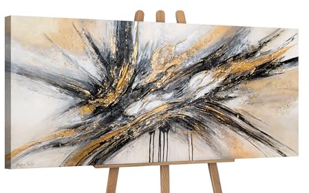 YS-Art Quadro Astratto Oro e Nero - Dipinto Acrilico Materico su Tela