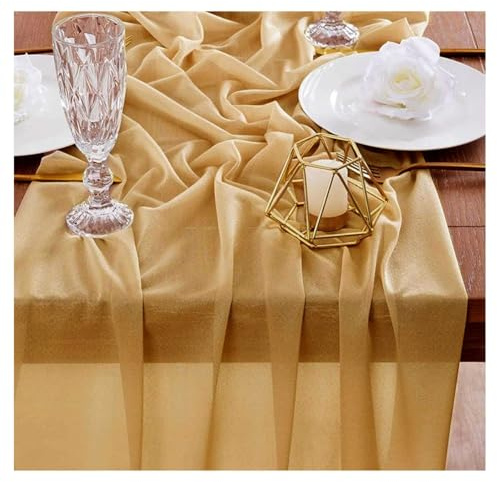 GreatRise Chiffon Tischläufer, 75×300cm Hochzeit Käsetuch Tüll Tischdecke Boho-Still Musselin Seihtuch-Tisch Läufer Rustikaler Gaze Tisch Dekostoff für Geburtstagsfeiern Küche Tischdeko Gold