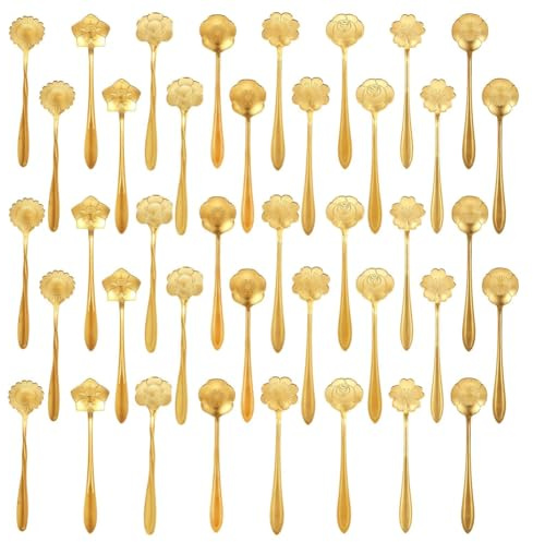 Heilanole 40 Cucharas de Café Doradas de Acero Inoxidable con Forma de Flor, Cucharas de Postre de 5 Pulgadas para Vajilla de Cocina, Cafetería y Bar.