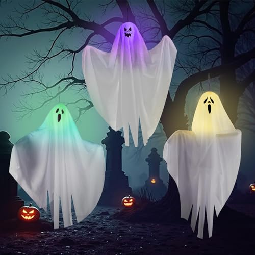 Halloween Geister Deko Hängende Geister 3 Stück Halloween Deko Outdoor Leuchtende Geist Gruselige Indoor Hängende Garten für Innen Außen Bäume Terrasse Garten