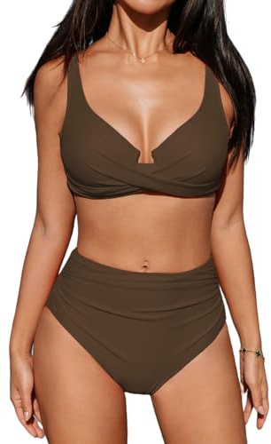 CUPSHE Conjunto de bikini para mujer, cintura alta, con aros, tirantes ajustables, fruncido, cobertura completa, parte inferior, traje de baño de dos piezas, marrón, XL
