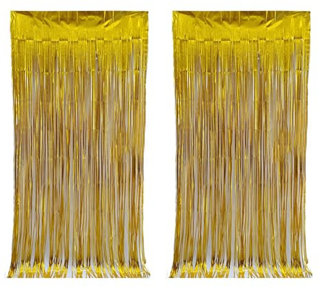 BESTORI Cortinas De Oropel Metálico Oro 2 Piezas 1 x 2 m Cortina Brillante Fiesta Fringe Fondo Decoración para Disco Cumpleaños Bodas Navidad, 1x 2 m