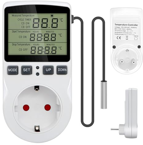 Temperaturregler Steckdose 230V mit Fühler Zeitschaltuhr, Digital Thermostat Steckdose Temperaturschalter LCD Display für Gewächshaus Aquarium Kühlschrank Heizung Kühlen