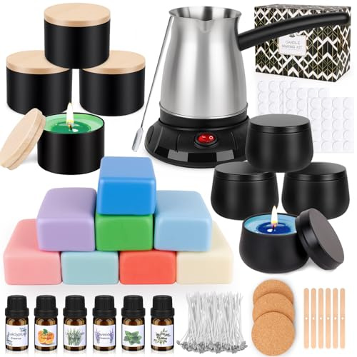 Kerzen Selber Machen Set, Elektrischer Wachsschmelzer, 480g Farben Natürliches Sojawachs, Kerzenherstellung Kit für Erwachsene Zubehör mit Kerzendosen, Kerzendochte, Dochthalter, Dochtaufkleber Duftöl