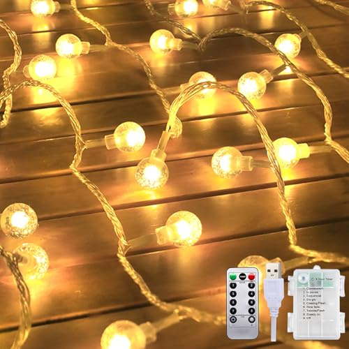 Cadena de luces con batería y USB, 12 m, 100 ledes, bolas de cristal con mando a distancia, 8 modos de parpadeo, temporizador, resistente al agua, para bodas, camping, balcón, Navidad, caravana
