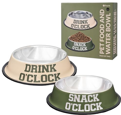 Fisura – Set 2 ciotole per cani in acciaio inox “O’clock”. Ciotola antiscivolo verde e beige per cibo 500 ml e acqua 1000 ml. Set ciotole per animali domestici comode e facili da lavare