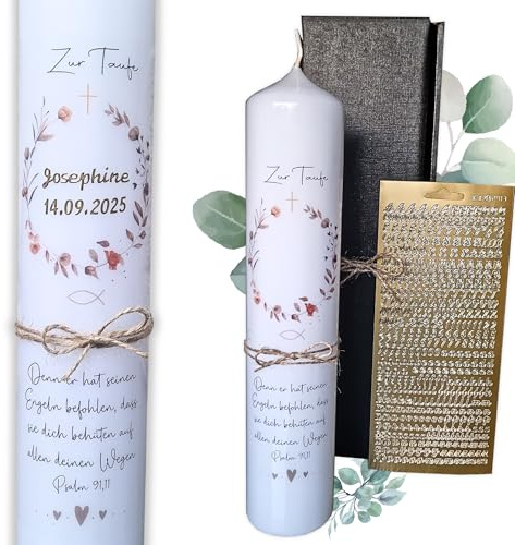 Taufkerze Blumen Mädchen & Jungen, Taufkerze Beige Naturfarben, 30 x 6 cm, mit Zubehör zum selbstbeschriften und Aufbewahrungskarton - Handarbeit, DIY Kerze
