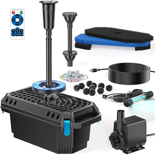 POPOSOAP Teichfilter mit UV-Klärer, 2500 l/h Teichpumpe und Filter-Set mit RGB-LED-Lichtern, All-in-One-Teichbrunnen für Außenteiche bis 6000 Liter