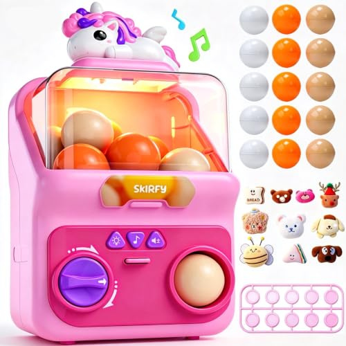 Skirfy Einhorn Greifautomat Spielautomat für Kinder, Beleuchteter Kaugummikugel Verkaufsautomat mit 15 Stück 4.5cm Kapseln, Sensorisches Fangspiel Arcade Preissspiel Geschenk für Mädchen und Jungen