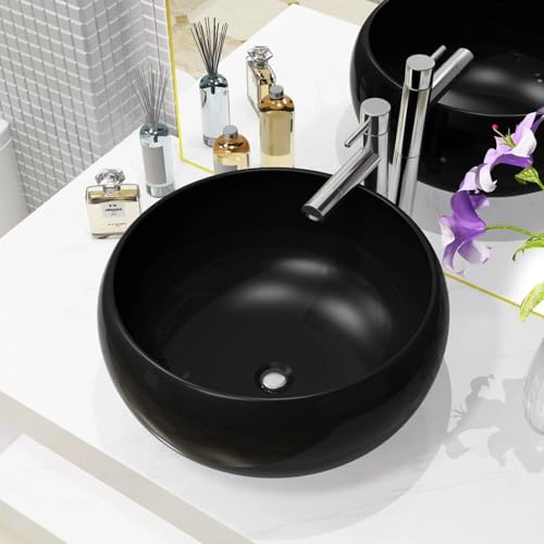 Tidyard Schwarzes Keramik Waschbecken 40 cm Modernes Design Aufsatzwaschbecken für Badezimmer und Waschräume