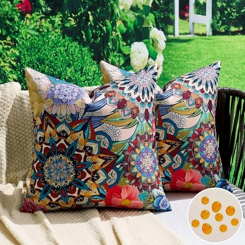 Waterproof Outdoor Cushion Covers for Garden Boho Floral Throw Pillow Covers 40x40 cm Set of 2 Retro Mandala Flower Decorative Pillow Cases for Sofa Bed Chair Outdoor Farmhouse Decor Couch Patio Home