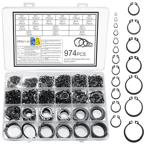 974 PiezasCirclips Exterieur, Circlips Assortiment, Anneau de Retenue Externe Snap C-Clips Kit, E-clips Circlips Interne pour Goujons Arbres Rainurés pour essieux, arbres et autres mobiles (noir)