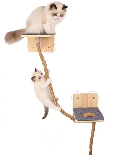 YHomU Escalera rascadora para gatos con cuerda de cáñamo, cama para gatos con ventosa, 8.7 x 7.3 x 7.3 pulgadas, pared de escalada de madera, cuerda de 7.5 pies para jugar y descansar