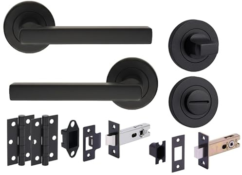 Hunta HANDLEZONE® Torro Matt Black Bathroom Door Handle Pack – Lever on Rose Set – 76mm Bathroom Deadbolt & 2 Ball Bearing Hinges – Privacy Turn & Release for Internal Wooden Doors