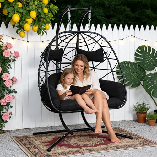Double Hanging Egg Chair with Stand,Rattan Wicker Swing Chair with Cushion, Patio Basket Hanging Chair Wicker Hammock Chair for Indoor Outdoor Bedroom Balcony Garden,600LBS