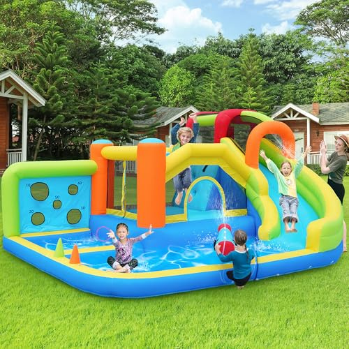 Castillo hinchable hinchable con tobogán acuático y trampolín – parque acuático XXL, piscina infantil, soplador de 450 W, 410 x 315 x 203 cm, jardín/interior, 3 años