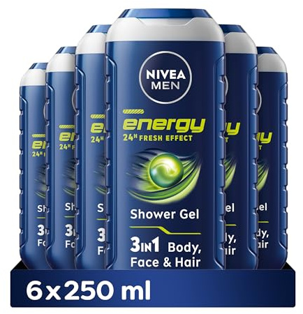 NIVEA MEN Energy Shower Gel Pack of 6 (6 x 250 ml), Moisturising 3-in-1 Body Wash for Men with Mint Extract, Energising NIVEA MEN Shower Gel